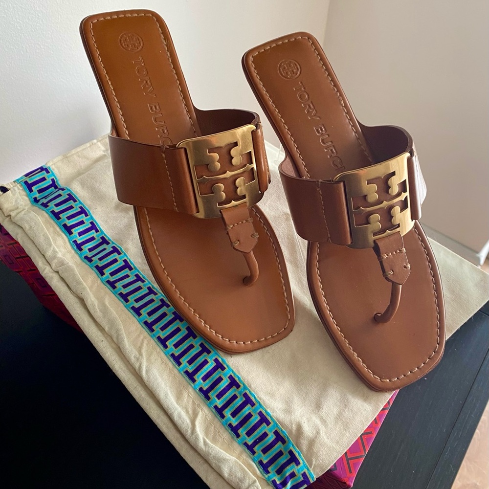 Tory Burch Brown Sandals with Gold Emblem